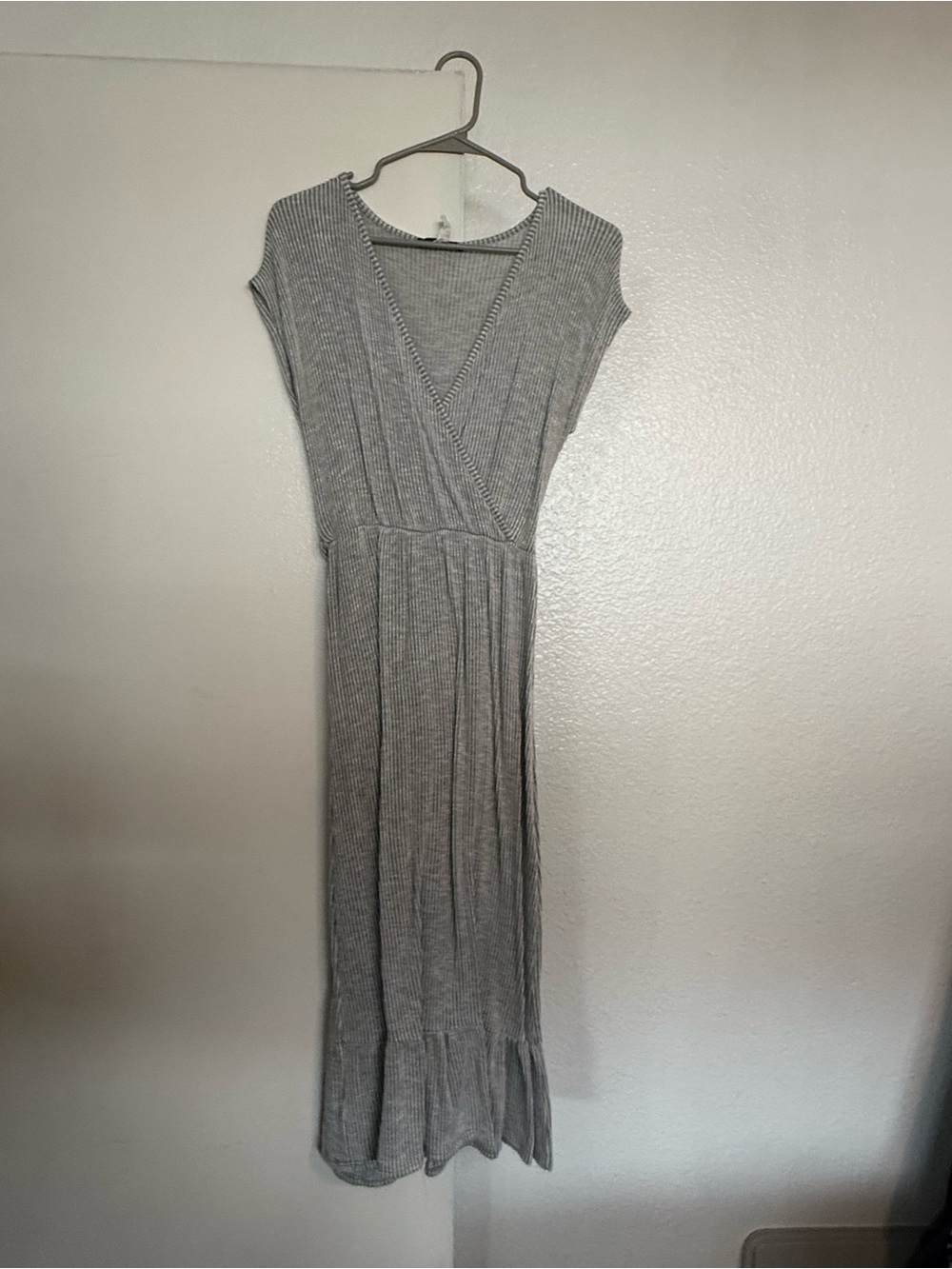 Caution To The Wind Gray Ribbed V-Neck Maxi Dress